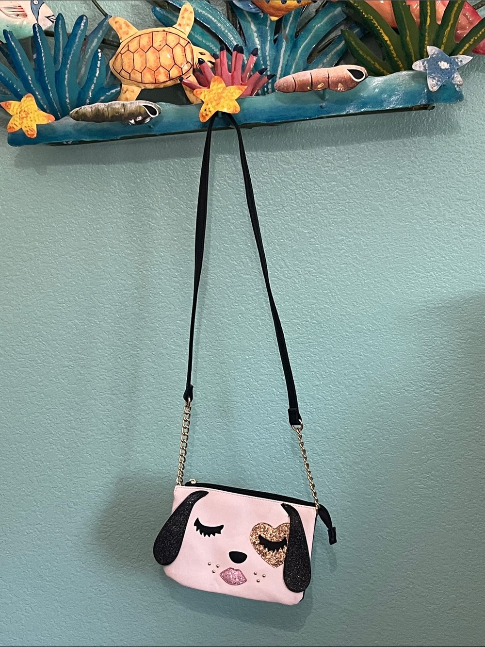 Betsey Johnson Pink Dog Face Crossbody with Black Ears and Gold Heart